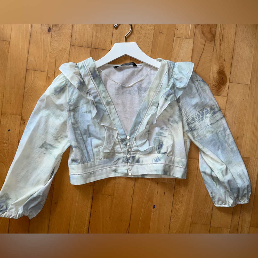 ZARA - green & blue tie-dye cropped ruffled top